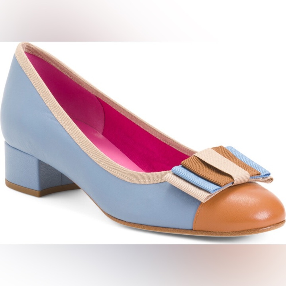 Ferca 81 Italian Blue Tan Leather Bow Cap Toe Block Heels 37 / 7